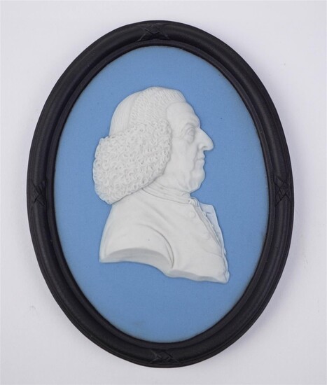 WEDGWOOD DEEP-BLUE SOLID TRICOLOR JASPERWARE OVAL PORTRAIT MEDALLION OF WILLIAM WILLET (1698-1778)