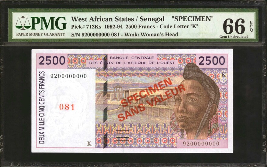 WEST AFRICAN STATES. Banque Centrale des Etats de l'Afrique de l'Ouest. 2500 Francs, 1992-94. P-712Ks. Specimen. PMG Gem Uncirculated 66...