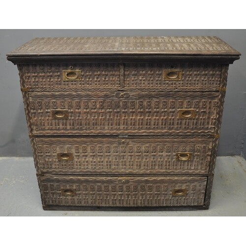 West African carved hardwood straight fronted chest of two s...