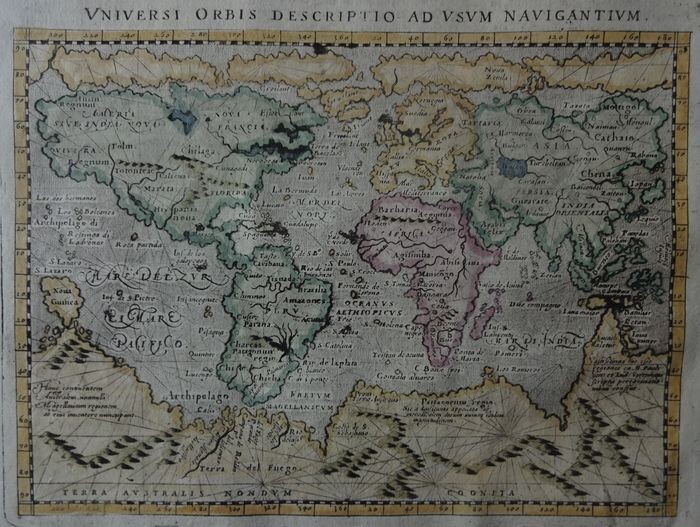 World, Continents; Porro, Magini, Lasor a Varea - Universi Orbis Descriptio ad Usum Navigantum - 1595 / 1713