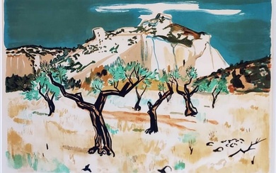 Yves Brayer (French, 1907-1990): Paysage des Baux-de-Provence. 1950s. Lithograph signed at lower