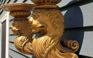 antique carved pediment heavily carved walnut lion wall shelves