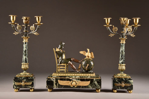 clock set with Napoleon image and 3-armed candle holders - Bronze (gilt/silvered/patinated/cold painted), Marble - Late 19th century