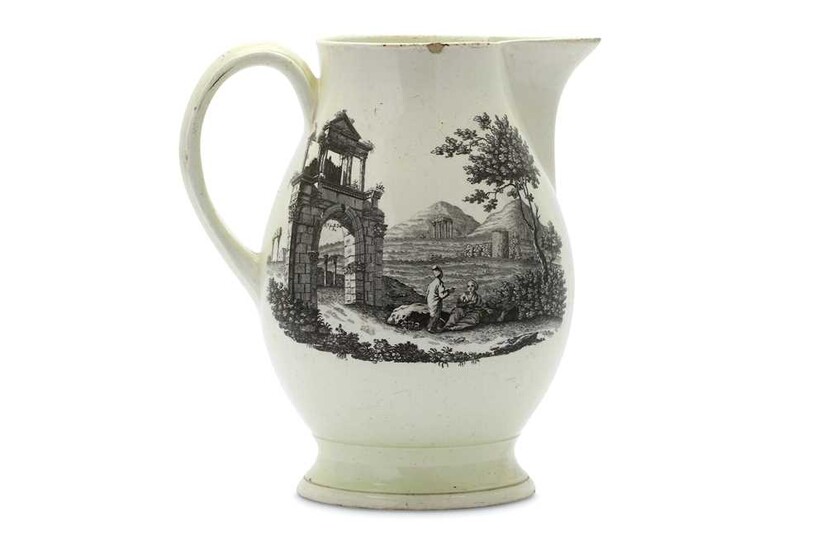 A LARGE AND EARLY WEDGEWOOD CREAMWARE JUG WITH VIEWS...