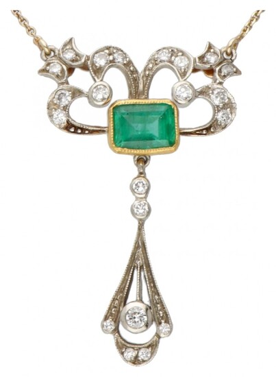 14K. Bicolor gold Art Nouveau necklace with pendant set with approx. 1.14 ct. natural emerald...