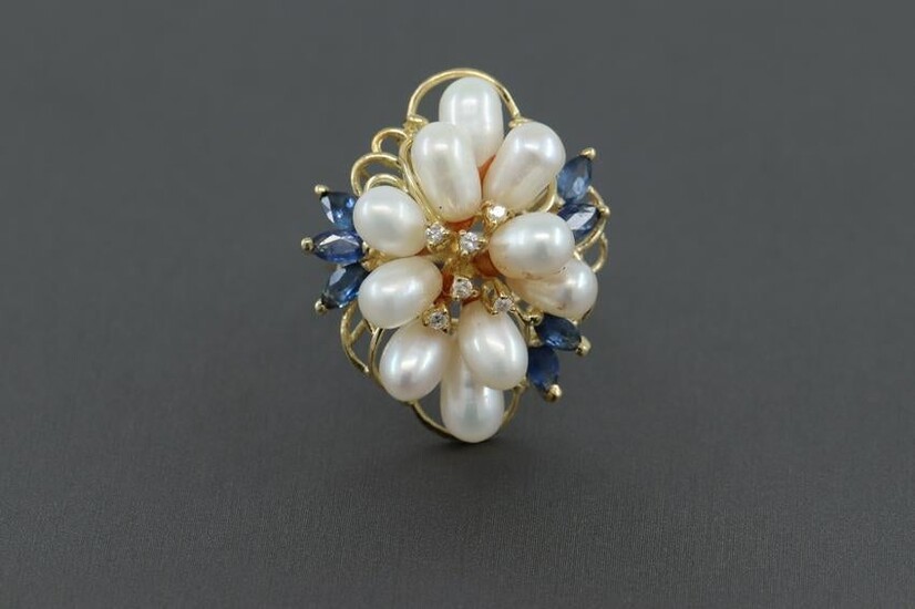 14KT Cocktail Ring (Sapphires, Pearls & Diamonds)