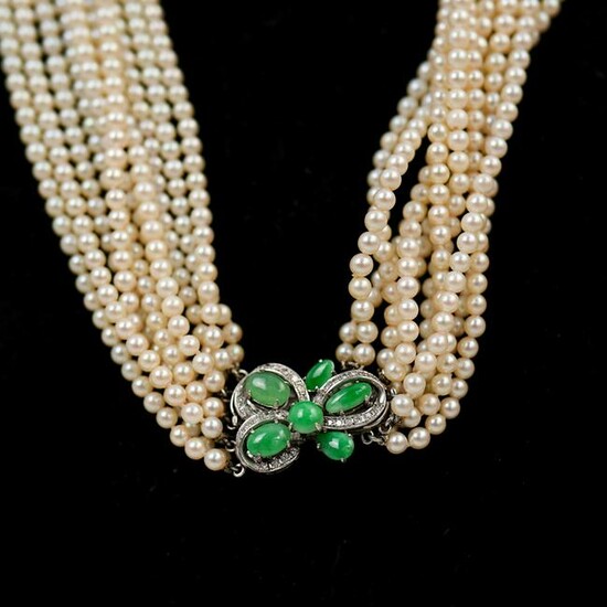14k, Jadeite, Pearl and Diamond Necklace