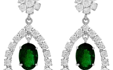14k White Gold 5.91ct Emerald 7.10ct Diamond Earrings