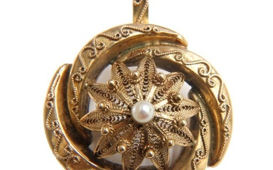 14k Yellow Gold and Seed Pearl Filigree Brooch Necklace Pendant