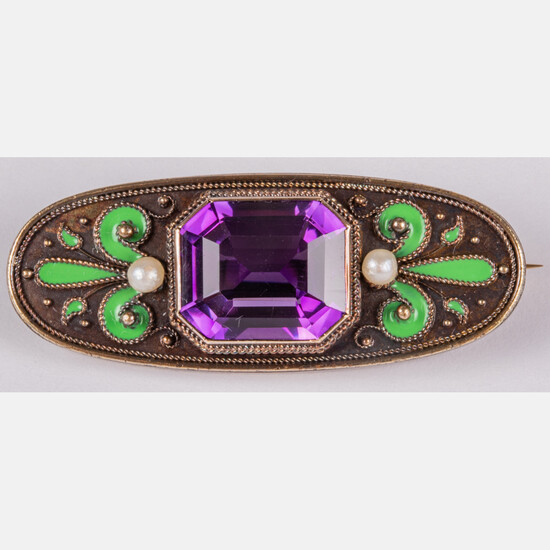 14kt Gold and Base Metal Amethyst and Pearl Enamel Brooch