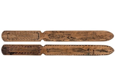 1850 Dated Sailor Engraved Pair of Whaling Theme Decorative Hand-Crafted 13" Long Wooden Knives