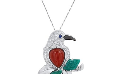 18K White Gold Setting with 0.28ct Diamond, 0.07ct Sapphire and Chalcedony Bird" Pendant"