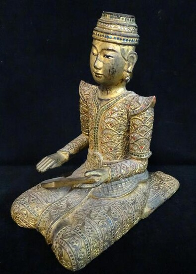 19TH C. GILT WOOD BUDDHA INSET WITH JEWELS 18.5"H