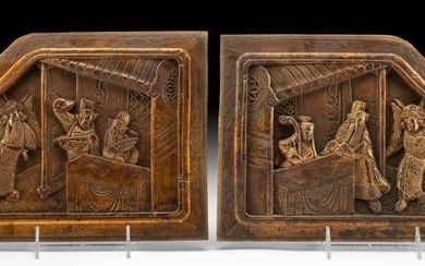19th C. Chinese Qing Wood Relief Panels for Martial Bed