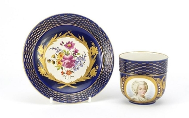 19th century Sèvres blue ground portrait cup and saucer