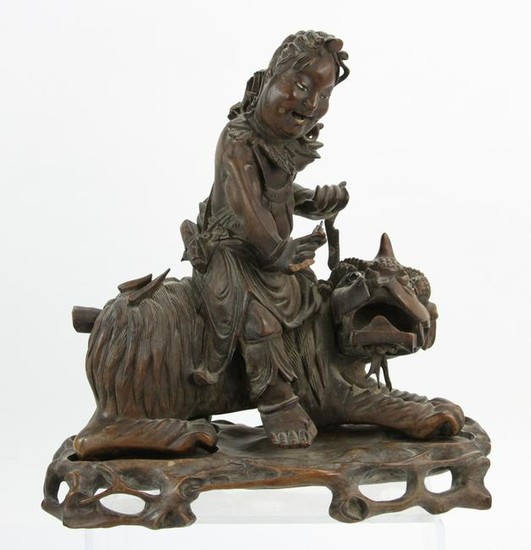 19thC Chinese Carved Wood Figure on Foo Dog