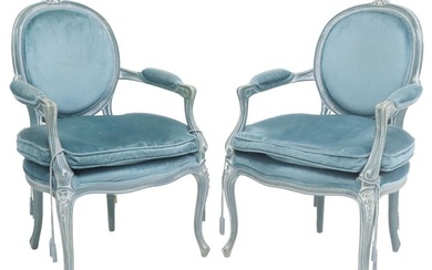 (2) FRENCH LOUIS XV STYLE TEAL-PAINTED & UPHOLSTERED FAUTEUILS
