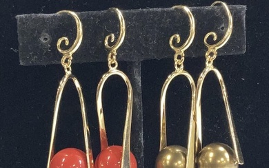 2 Pairs Gold Tn Sculptural Dangle Earrings
