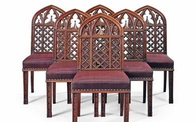 A SET OF SIX GEORGE III GOTHIC MAHOGANY CHAIRS, CIRCA 1800-10, THE DESIGN ATTRIBUTED TO JAMES WYATT, POSSIBLY MADE BY GILLOWS