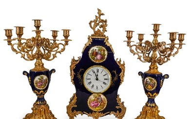 (3 Pc) Italian Porcelain And Gilt Metal Clock Set