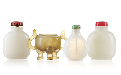 3 flacons à priser en verre blanc et 1 brûle-parfum miniature en agate, Chine, h. 6 cm max