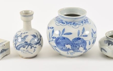 [4] 19th century Korean pottery pieces. Blue and white decoration. Bulbous vase 5.5 H x 6.5in W.