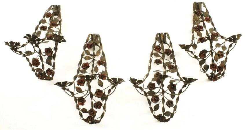(4) FRENCH POLYCHROME IRON & TOLE WALL SCONCES