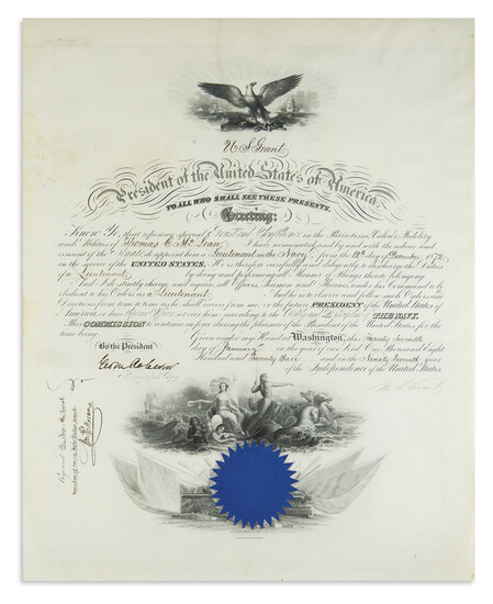 GRANT, ULYSSES S. Partly-printed vellum Document Signed, "U.S. Grant," as President, appointing Thomas...
