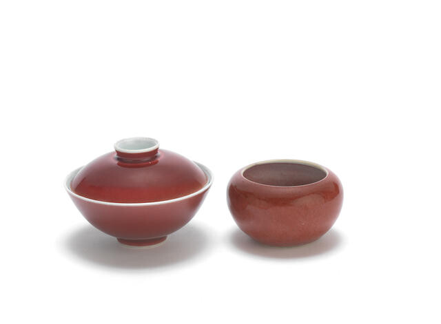 A copper red-glazed bowl and cover and a peachbloom-glazed water pot
