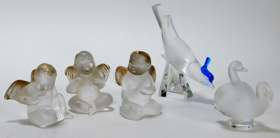 5PC Lalique Angel & Avian Art Glass Group
