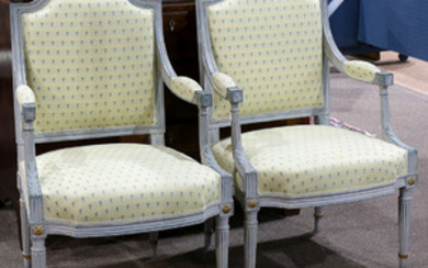 Pair of Empire style polychrome decorated fauteuils