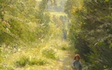 Bertha Wegmann: A little girl with a basket walking in the woods. Signed and dated B. Wegmann Paris 80. Oil on canvas. 62 x 45 cm.