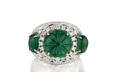 A Carved Emerald and Diamond Ring