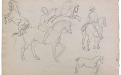 Eugène Delacroix Charenton-Saint-Maurice, 1798 - Paris, 1863 Feuille d'études recto-verso : cavaliers et chevaux, figures d'après des monnaies antiques et portrait d'homme de profil