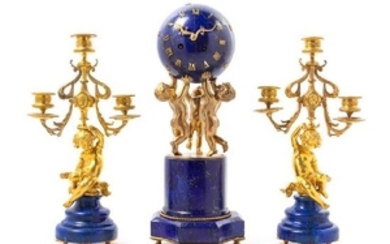 A French Lapis Lazuli and Gilt Bronze Clock Garniture