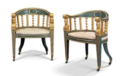 A PAIR OF GEORGE III PARCEL-GILT AND GREEN-PAINTED BERGERES, ATTRIBUTED TO THOMAS CHIPPENDALE THE YOUNGER, CIRCA 1805