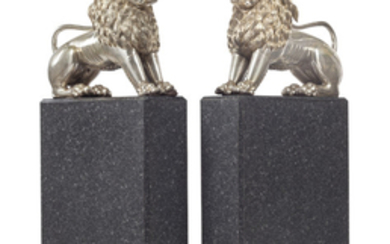 A PAIR OF INDIAN SILVERED-METAL AND ENAMEL MODELS OF LIONS, THE LIONS, 19TH/20TH CENTURY, THE PEDESTALS DESIGNED BY LLOYD PAXTON FOR THE CHANDLER APARTMENT, DALLAS, LATE 20TH CENTURY