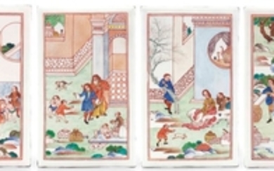 A RARE SET OF FOUR EUROPEAN SUBJECT PAINTED ENAMEL PLAQUES, EARLY QIANLONG PERIOD, CIRCA 1740