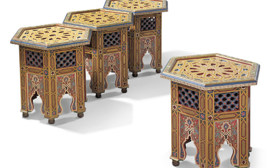 A SET OF FOUR MOROCCAN PAINTED HEXAGONAL TABLES, MODERN