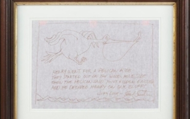 SHEL SILVERSTEIN, New York/Florida/Illinois, 1930-1999, Sketch of a pelican carrying a child, Felt pen on paper, 9.25" x 13.5". Fram...