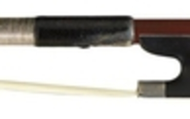 Silver-mounted Violin Bow - Unstamped, the ebony frog with parisian eye, the plain silver adjuster, weight 54.6 grams.