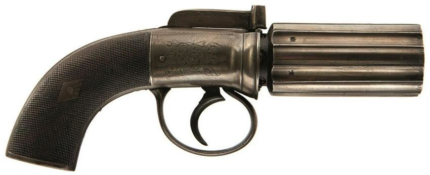 A 120-BORE SIX-SHOT PERCUSSION PEPPERBOX REVOLVER BY