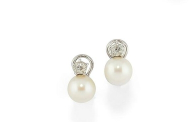 A 18k white gold, diamond and cultured pearl earrings