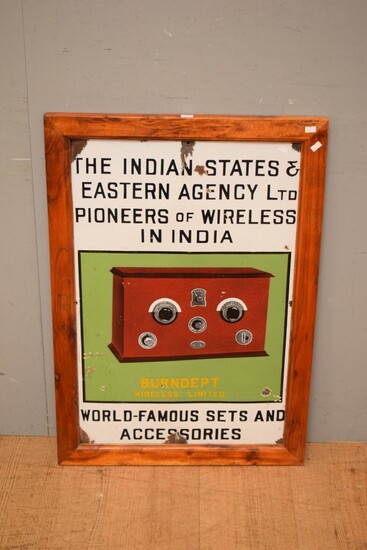 A 1900S WOODEN FRAMED INDIAN STATES WIRELESS RADIO ENAMEL SIGN (85H x 59W CM)(DELIVERY SIZE: MEDIUM)