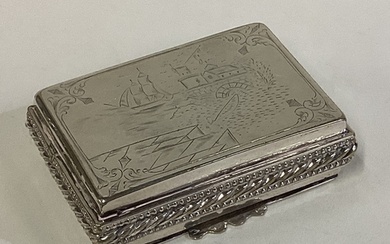 A 19th Century white metal snuff box engraved with ship deco...