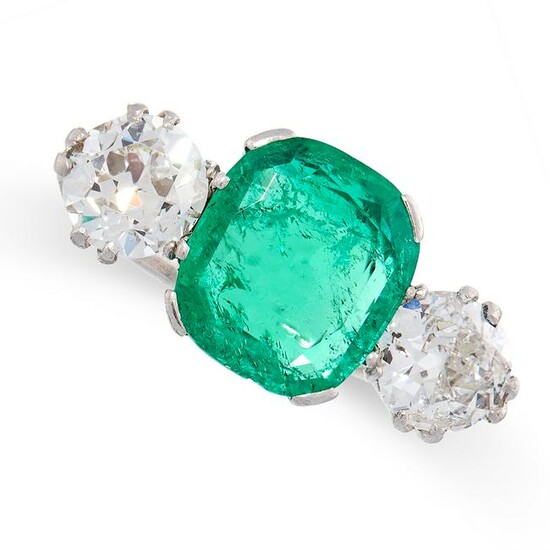 A COLOMBIAN EMERALD AND DIAMOND THREE STONE RING in