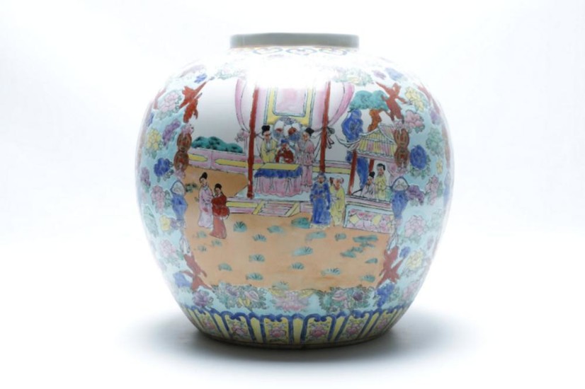 A Ceramic Chinese Jardinier with Character and Flower Scene (H 30cm)