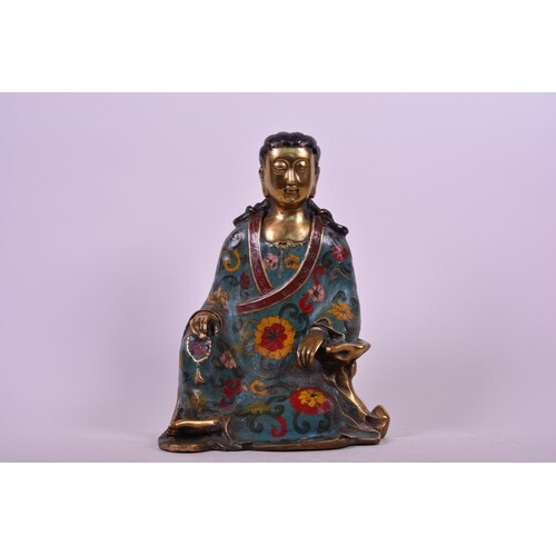 A Chinese bronze and cloisonné enamel Buddha, 6 character ma...