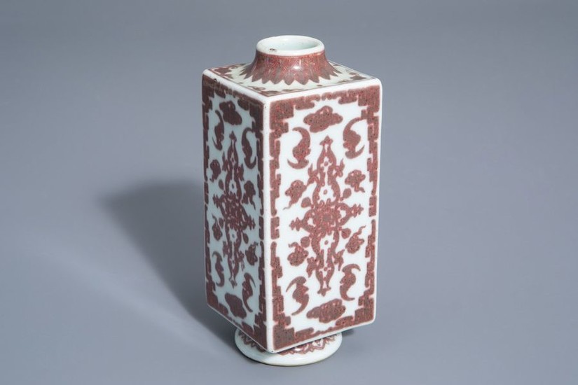 A Chinese cong shaped underglaze red 'bats' vase,...