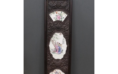 A Chinese famille rose porcelain panel, housed in a carved h...